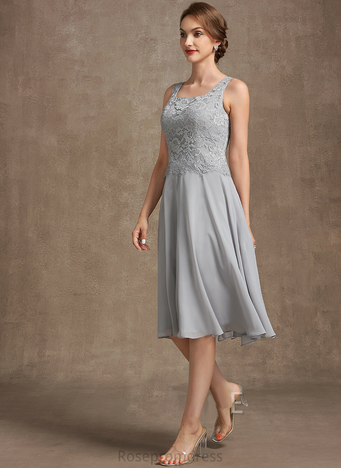 A-Line Mother the Joy Dress Chiffon Lace Bride Square Neckline Mother of the Bride Dresses Knee-Length of