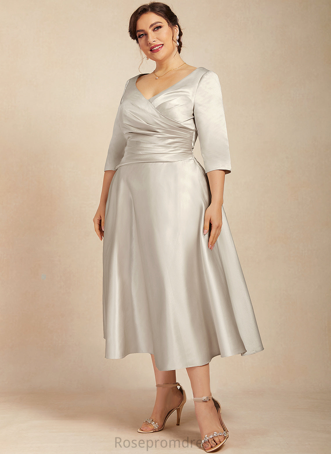 Satin Jocelyn Mother of the Bride Dresses V-neck Dress the Mother Bride Ruffle of A-Line Tea-Length With