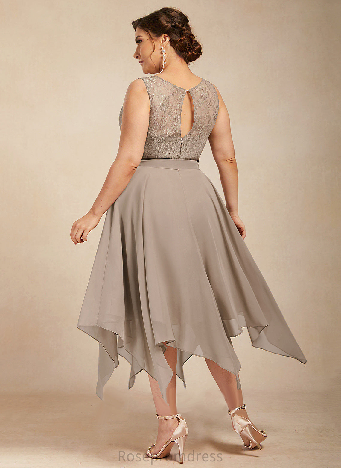 A-Line Bow(s) Neck Dress Scoop Chiffon Lace Tea-Length Cocktail Dresses With Ellie Cocktail