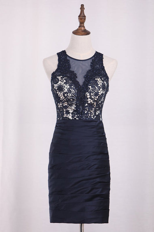 2024 New Arrival Homecoming Dresses Scoop Sheath Lace & Satin Mini