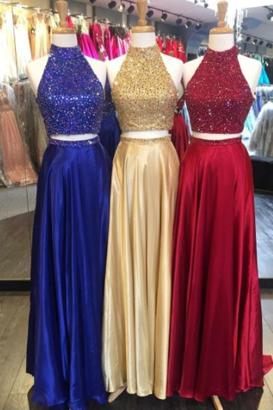 2024 Two Pieces Satin Prom Dresses With Beaded Bodice Sweep Train