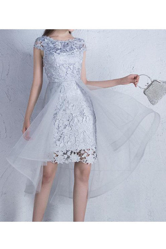 2024 Lace & Tulle Scoop Cap Sleeves Sheath Above Knee Length Homecoming Dresses