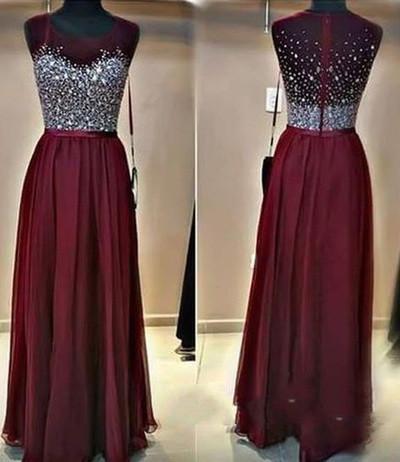 Long Custom Burgundy Beaded Charming Sparkly Floor-Length 2024 Prom Dresses PD01