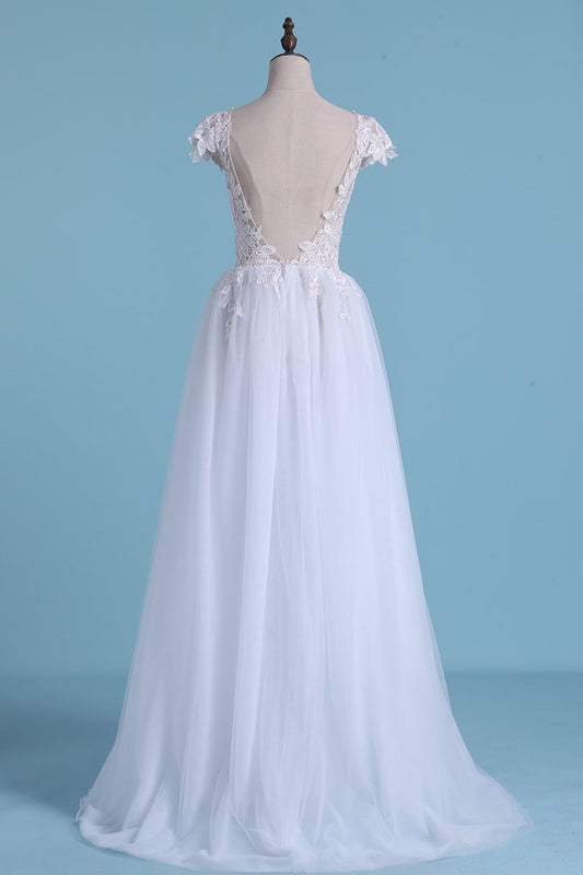 2024 Sexy Beach Wedding Dresses A-Line V-Neck Floor-Length Tulle With Slit