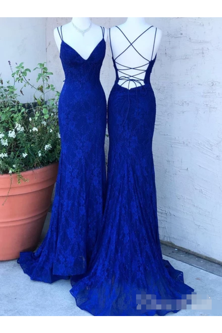 Spaghetti Crossed Straps Royal Blue Mermaid Prom Dresses V Neck Lace Formal Dresses