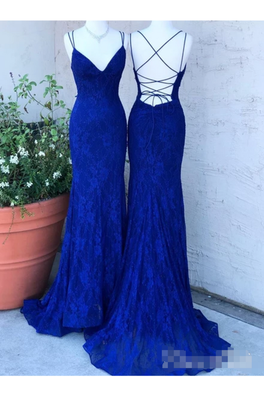 Spaghetti Crossed Straps Royal Blue Mermaid Prom Dresses V Neck Lace Formal Dresses