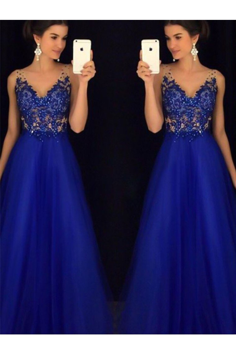 A-Line/Princess V-Neck Sleeveless Floor-Length Applique Tulle Dresses