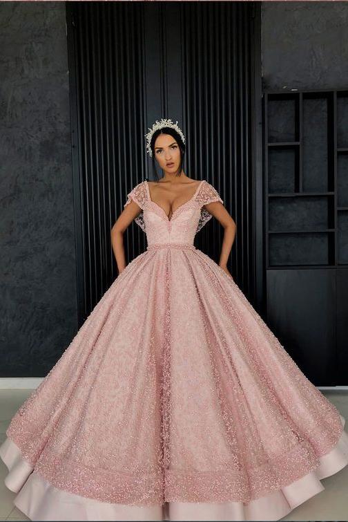 Chic Ball Gown Straps Pink Cap Sleeve Sparkly V Neck Beads Quinceanera Dress with Pockets RS228