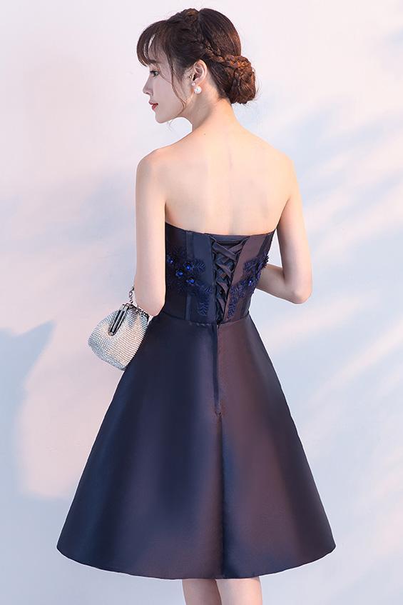 Navy Blue Beads Appliques Strapless A-Line Lace up Homecoming Dress Graduation Dress RS573