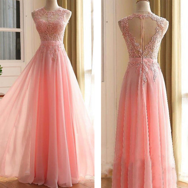 Charming Long Appliques Pink Sleeveless A-Line Scoop Elegant Prom Dresses RS782