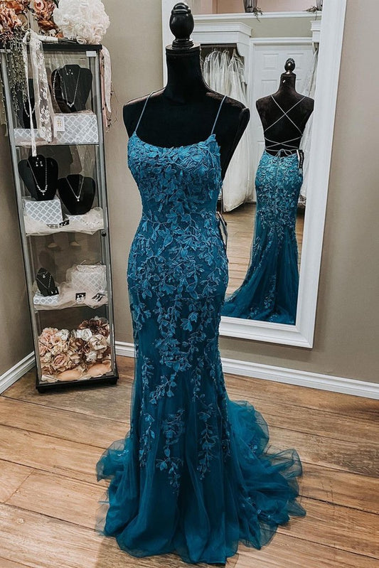 Mermaid Teal Lace Backless Mermaid Dark Teal Lace Long Prom Dresses Long Formal Evening Dresses