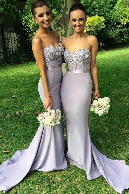 Elegant Long Mermaid Light Grey Sweetheart Appliques Beaded Sleeveless Bridesmaid Dress RS582