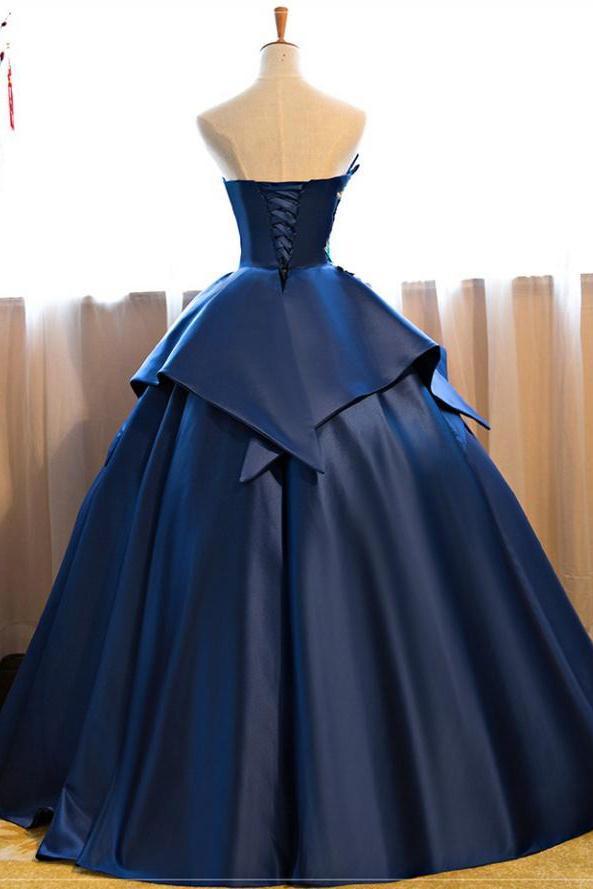 Dark Blue Ball Gown Satin Strapless Lace up Appliques Long Prom Quinceanera Dress RS602