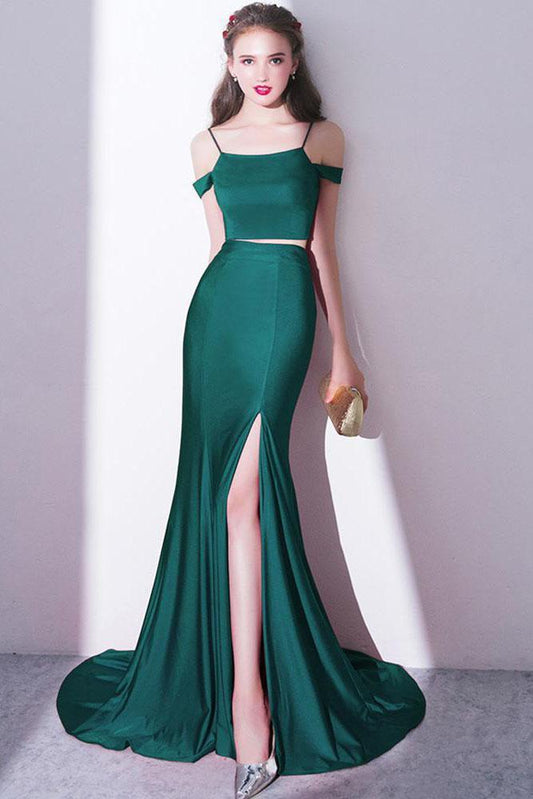 2024 Elegant Green Off Shoulder Two-Piece Slit Mermaid Bateau Prom Dresses RS390