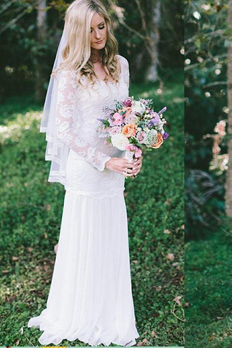 Lace Long Sleeve Beach Backless Outdoor Garden Handmade Women's Wedding Dress RS56