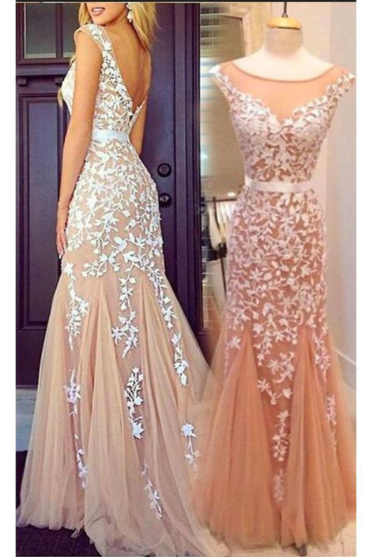 Cap Sleeves Mermaid Round Neckline Appliques Tulle Backless Lace Prom Dresses RS426