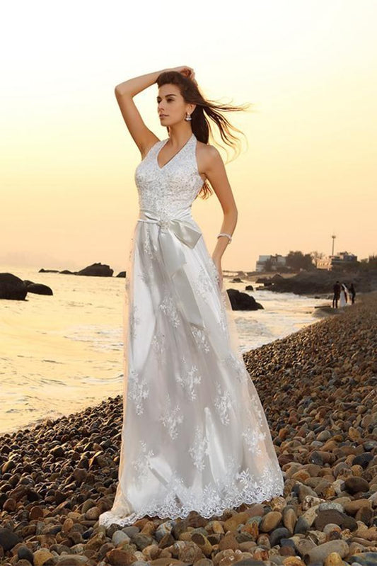 Princess A-Line Halter Belt Sleeveless Long Lace Sweetheart Beach Wedding Dresses RS561