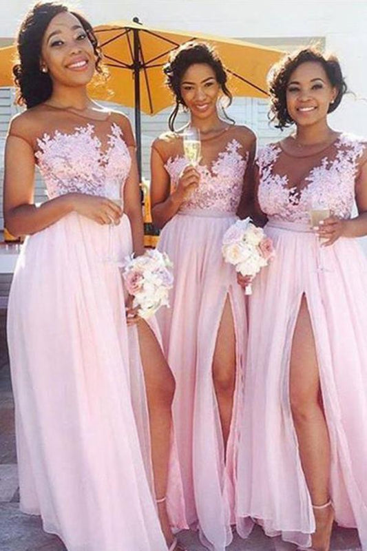 A-Line Pink Princess High Slit Scoop Sleeveless Lace Applique Chiffon Bridesmaid Dresses RS316