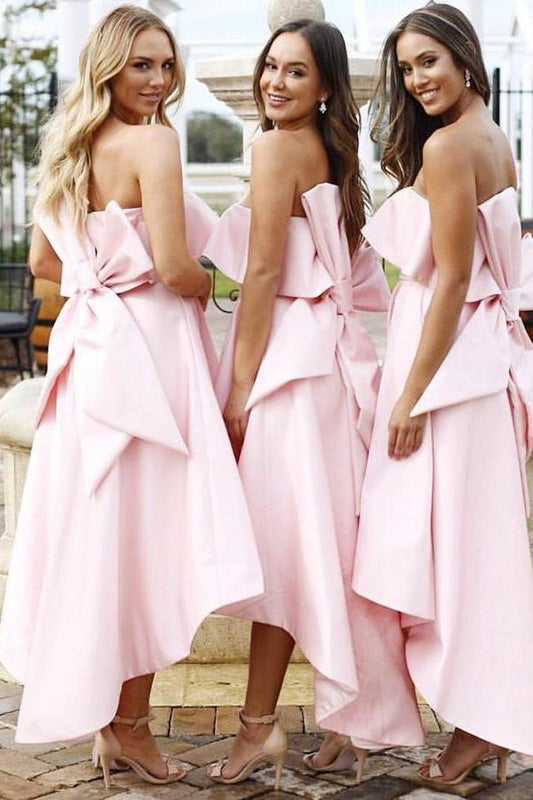 A Line Unique Strapless High Low Pink Satin Bridesmaid Dresses with Bowknot RS14