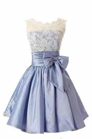 Elegant Scalloped-Edge Knee-Length Blue Homecoming Dress with White Lace Bowknot RS923