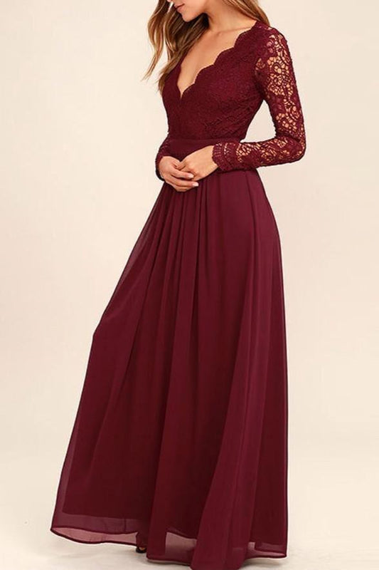 Long Sleeves V-Neck Lace Chiffon Open Back Floor-Length A-Line Burgundy Bridesmaid Dress RS168