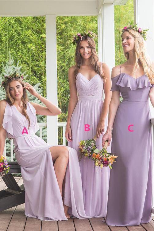 Elegant A Line Maxi Chiffon Long Mismatched Modest Purple Bridesmaid Dresses RS283