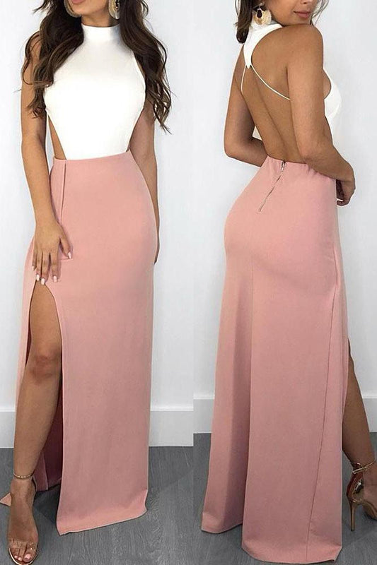 Elegant Mermaid White and Pink Halter Backless Satin with Slit Sleeveless Prom Dresses RS630