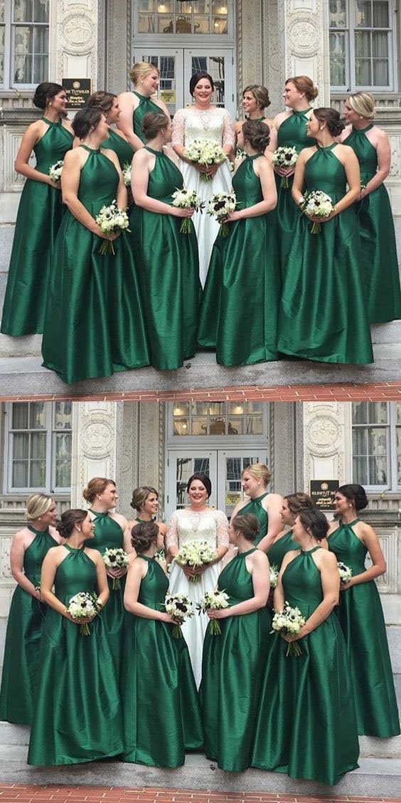 A-Line Round Neck Floor Length Hunter Green Satin Bridesmaid Dress Long Prom Dresses BD1001