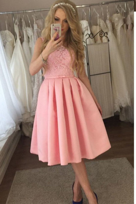 Charming Lace A-line Cute Satin Pink Tea Length Appliques Homecoming Dresses RS861