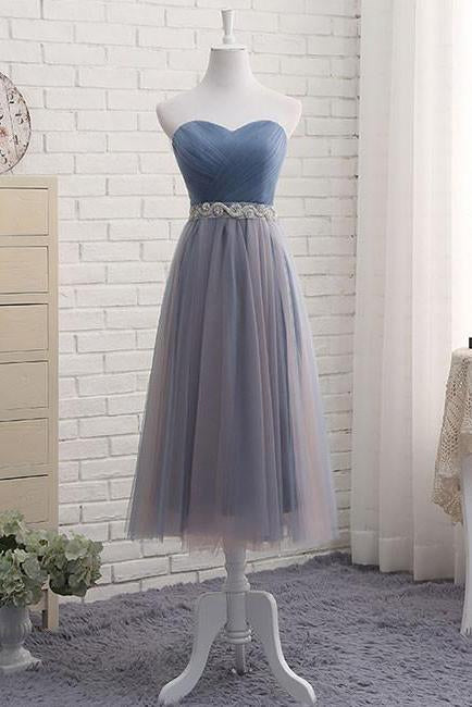 Cute A Line Sweetheart Tulle Blue Strapless Beads Prom Dress Bridesmaid Dresses RS807