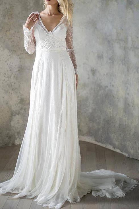 Elegant A Line V Neck Long Sleeve Ivory Lace Backless Beach Boho Wedding Dresses RS872