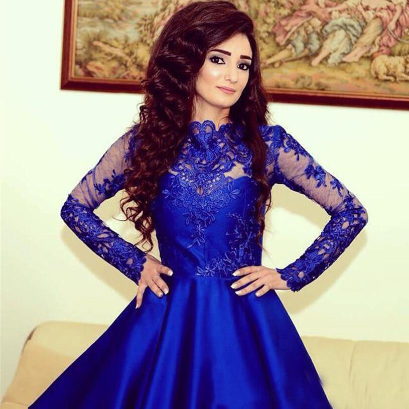 Homecoming Dress Lace Royal Blue Long Sleeves Homecoming Dress Short Prom Dresses RS918