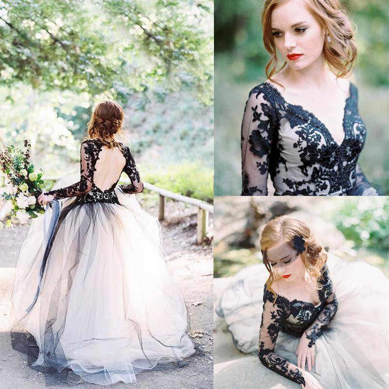 Long Sleeves Wedding Dresses Black Appliques Bridal Dresses Tulle