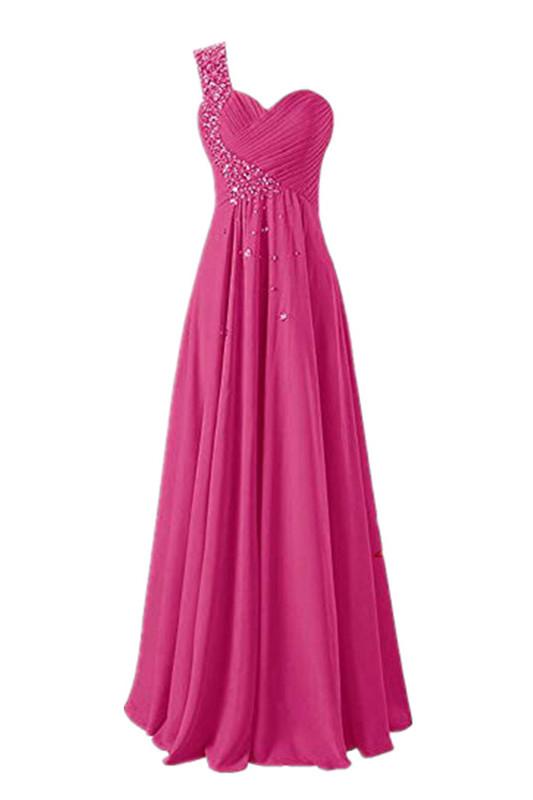 One Shoulder Long Bridesmaid Prom Dresses Chiffon Evening Gowns RS211