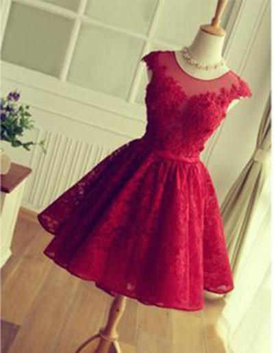 Red Lace Short Modest Appliques Sleeveless Open Back Pretty Homecoming Dresses RS246