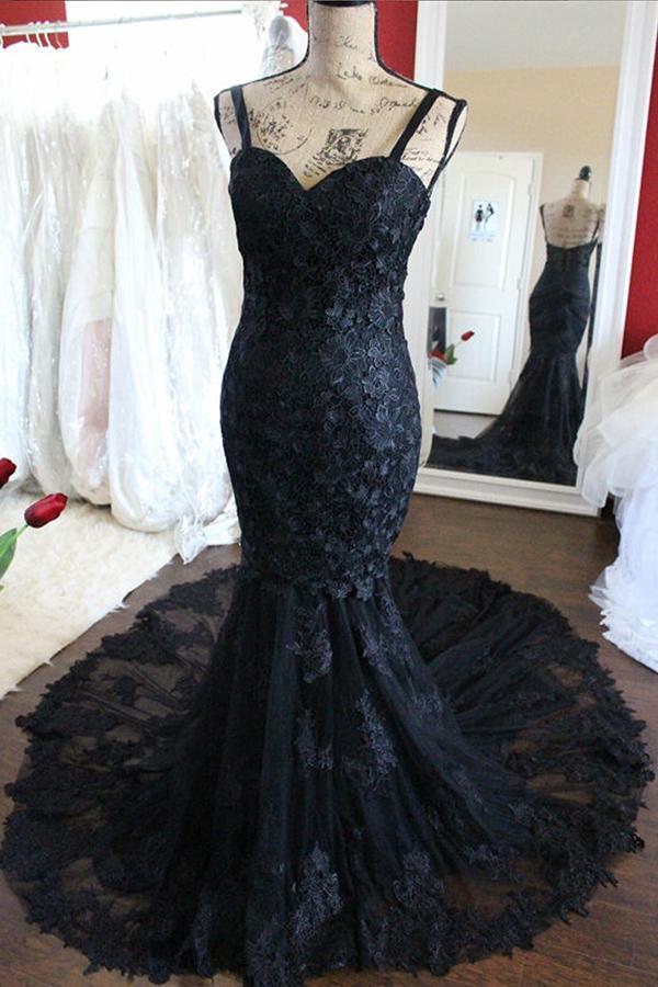 Charming Black Lace Spaghetti Strap Sweetheart Backless Mermaid Sweep Train Evening Dresses RS249