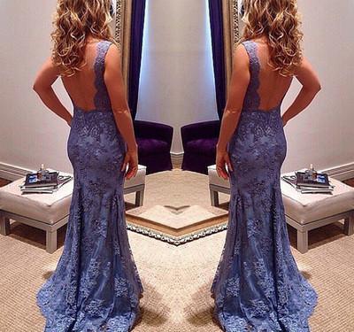 2024 New Style Custom Mermaid V-Neck Sleeveless Open Back Blue Lace Evening Dresses RS11