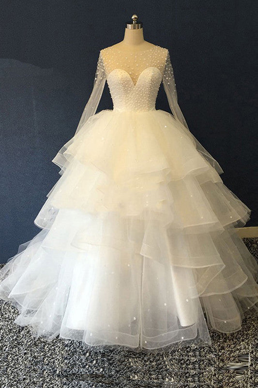 Unique White Multi-layer Beaded Ball Gown Wedding Dresses