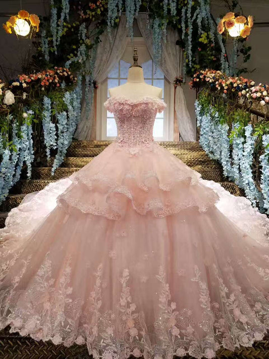 2024 Tulle Awesome Pink Wedding Dresses Off The Shoulder Lace Up With Appliques And Crystals