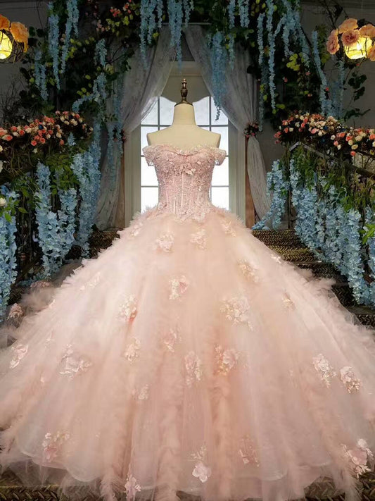 2024 Fantastic Pink Wedding Dresses Lace Up With Beads And Handmade Flowers Ball Gown