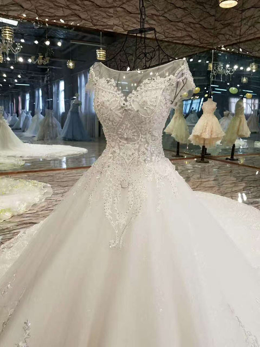 2024 High-End Handmade Tulle Wedding Dresses A Line With Beads Rhinestones Royal Train Lace Up