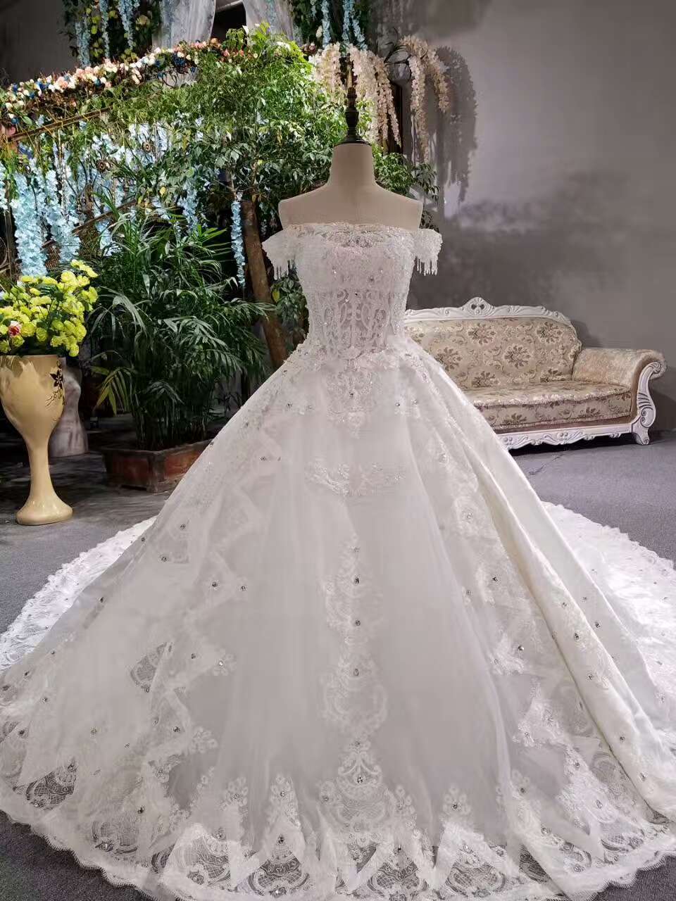 2024 Luxurious Satin Wedding Dresses Lace Up Boat Neck With Appliques And Sequins