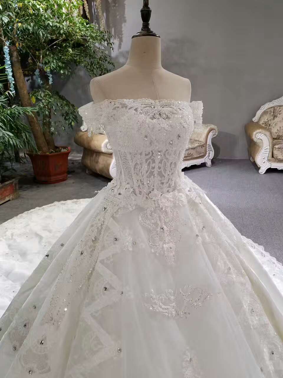 2024 Luxurious Satin Wedding Dresses Lace Up Boat Neck With Appliques And Sequins