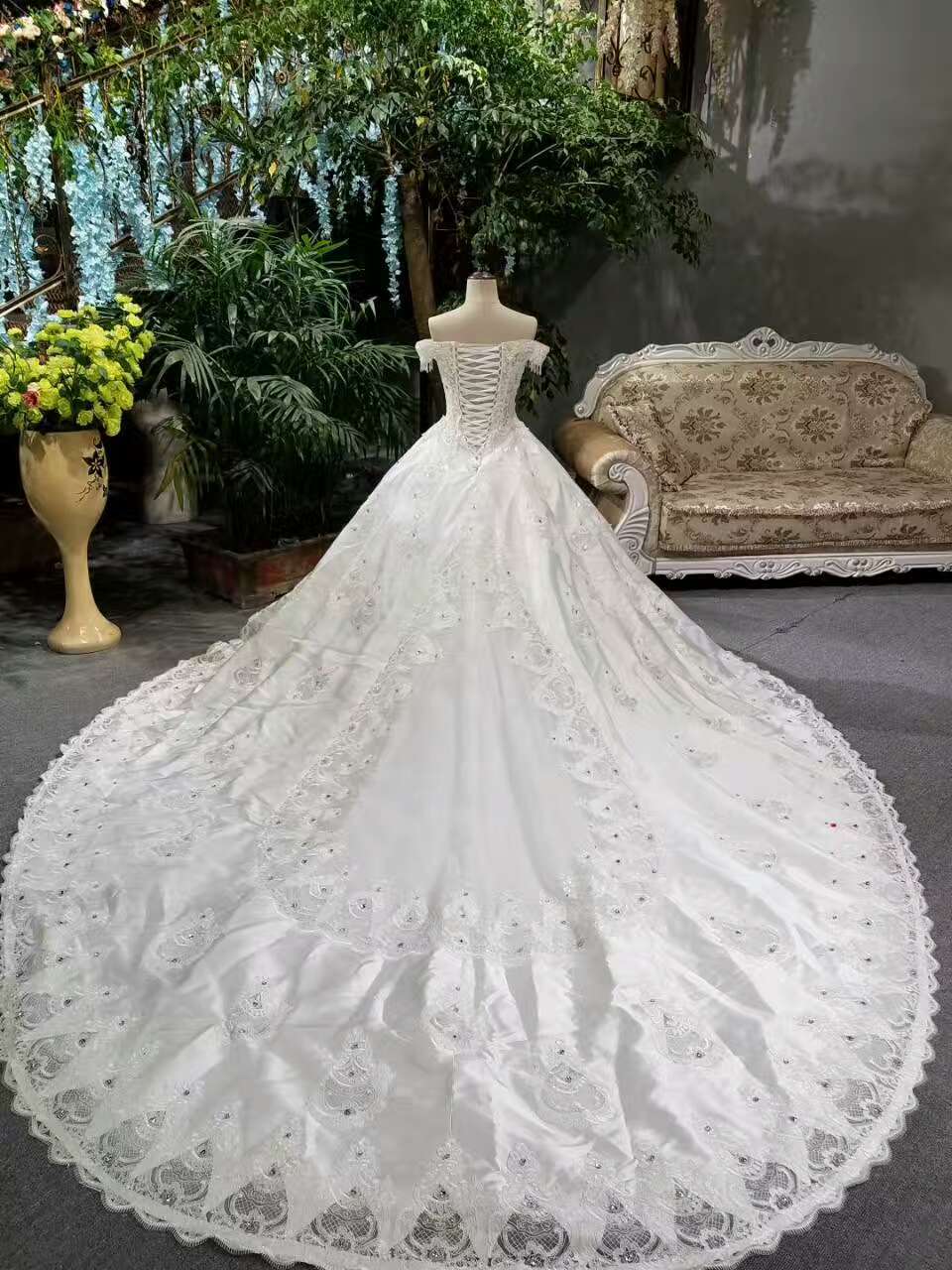 2024 Luxurious Satin Wedding Dresses Lace Up Boat Neck With Appliques And Sequins