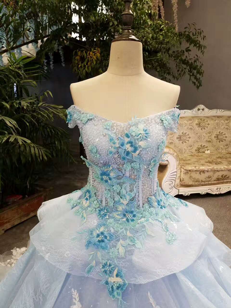 2024 Sky Blue Floral Wedding Dress Shiny Tulle Lace Off The Shoulder Lace Up With Beads Handmade Flowers