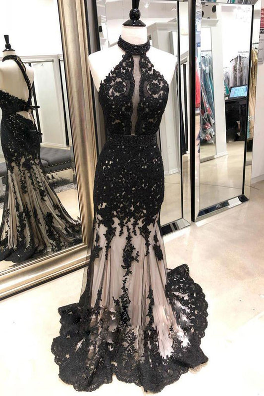 Black Lace Mermaid Long Tulle Halter Backless Beads Prom Dresses Cheap Evening Dresses RS224