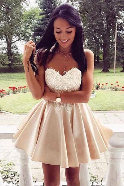 Cute Sweetheart Lace Applique Short Above Knee Button Homecoming Dress RS280