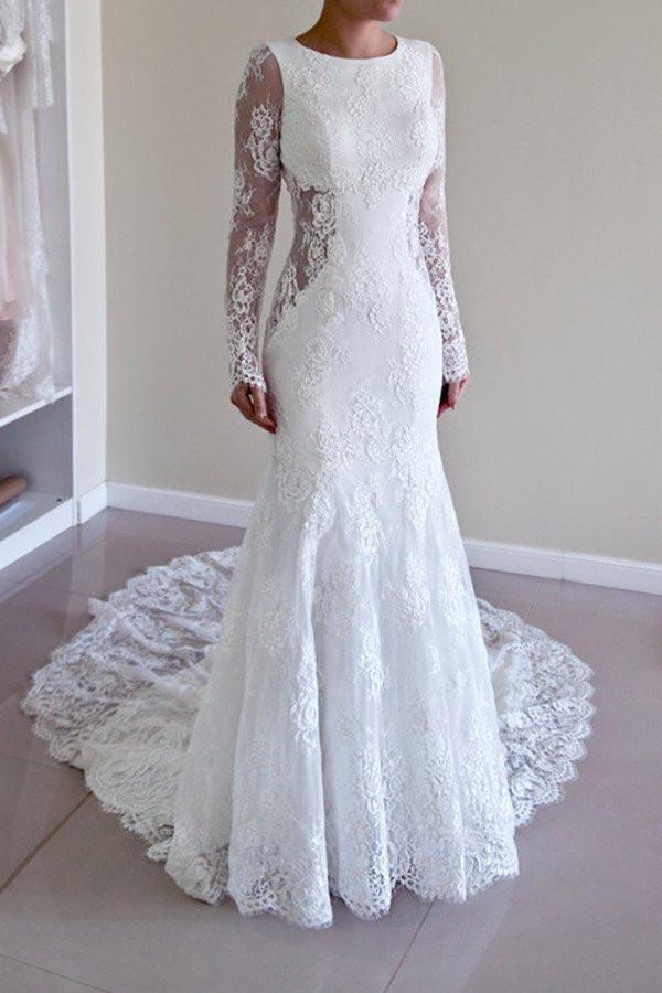 Long Sleeves Open Back Lace Appliques Scoop Mermaid Long Beach Wedding Dresses RS844