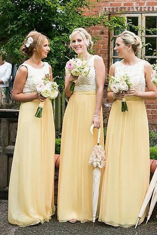 Elegant A-Line Princess Yellow High Neck Sleeveless Chiffon Prom Bridesmaid Dresses RS510