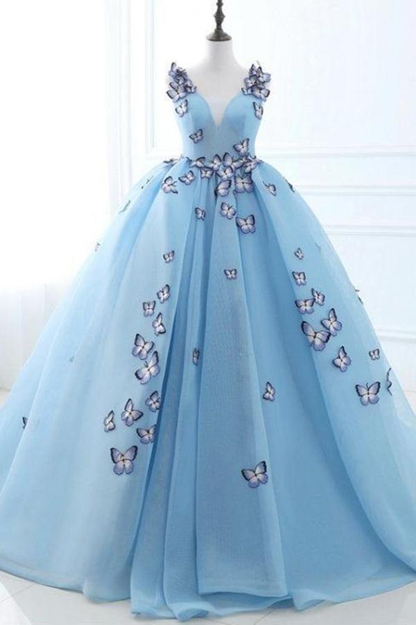 Ball Gown Long Sky Blue Butterfly V Neck Appliques Lace up Prom Quinceanera Dresses RS848